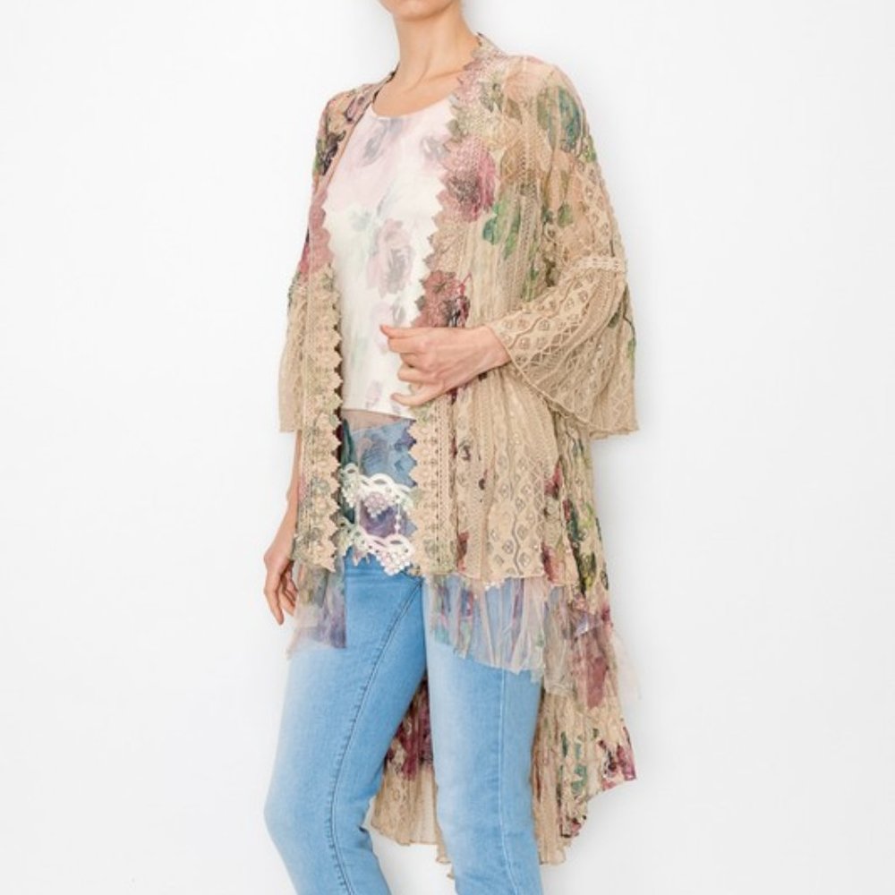DESIGNER ORIGAMI KIMONO CARDIGAN DUSTER western bohemian floral lace MAGNOLIA